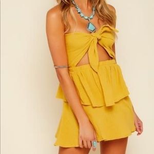 Strapless tie front mustard color dress